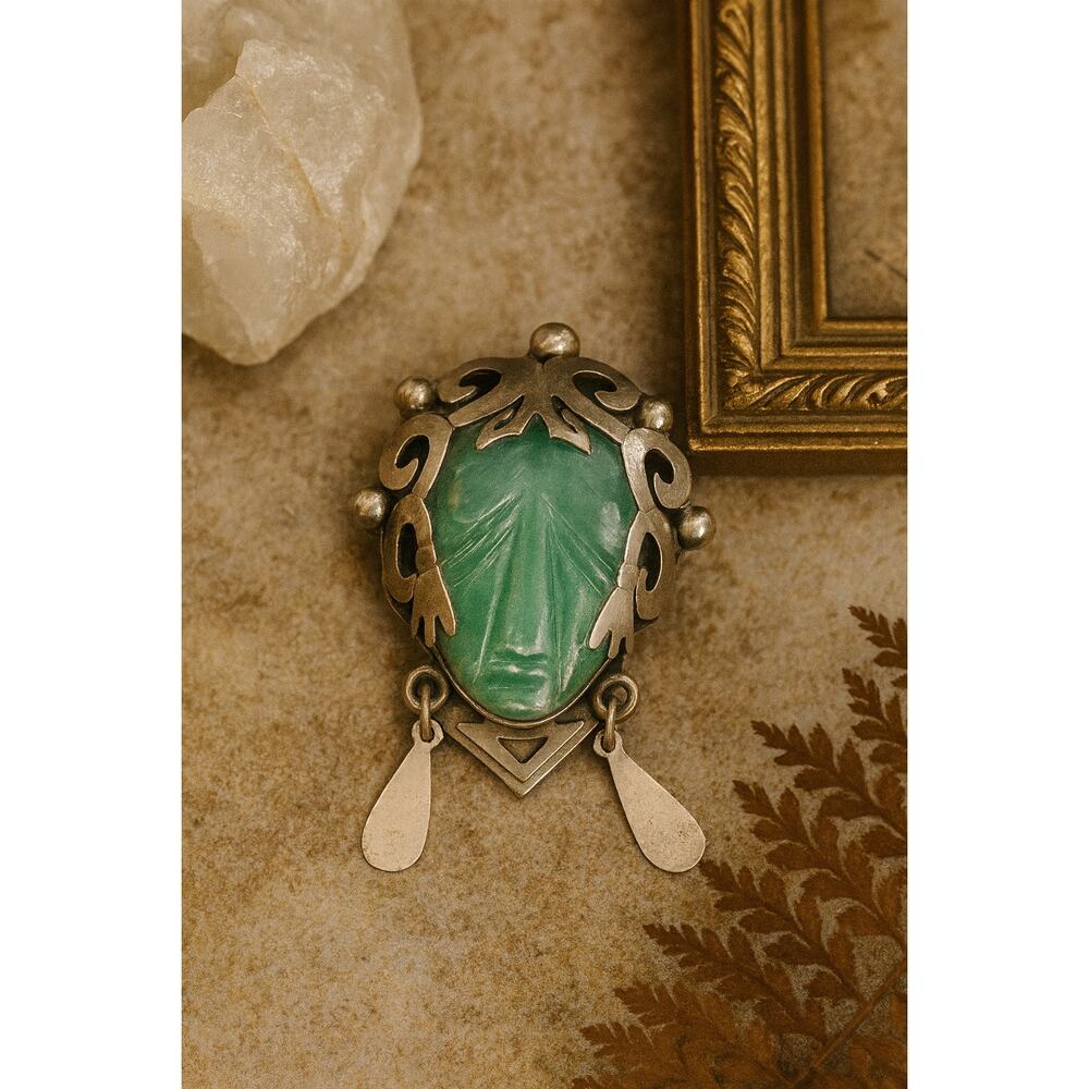 Vintage Mexican Carved Fluorite Warrior Brooch / Pendant